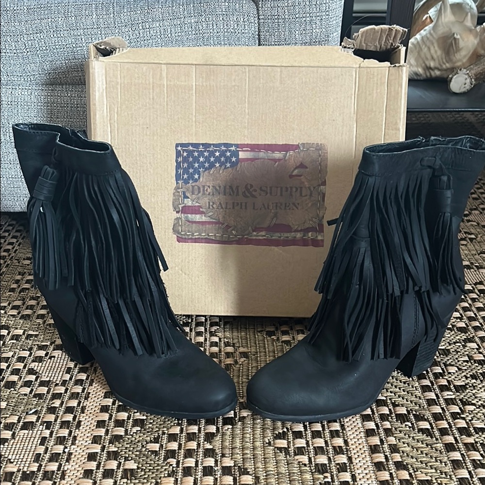 Ralph Lauren Black Fringe Ankle Boots